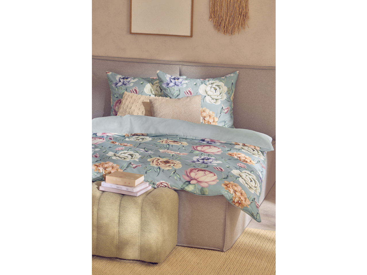 Livarno Microfibre Satin Bedlinen with floral pattern on a bed with decorative pillows.
