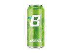 Grøn energidrikdåse med teksten 'LEMON' og 'BOOSTER' i hvidt.
