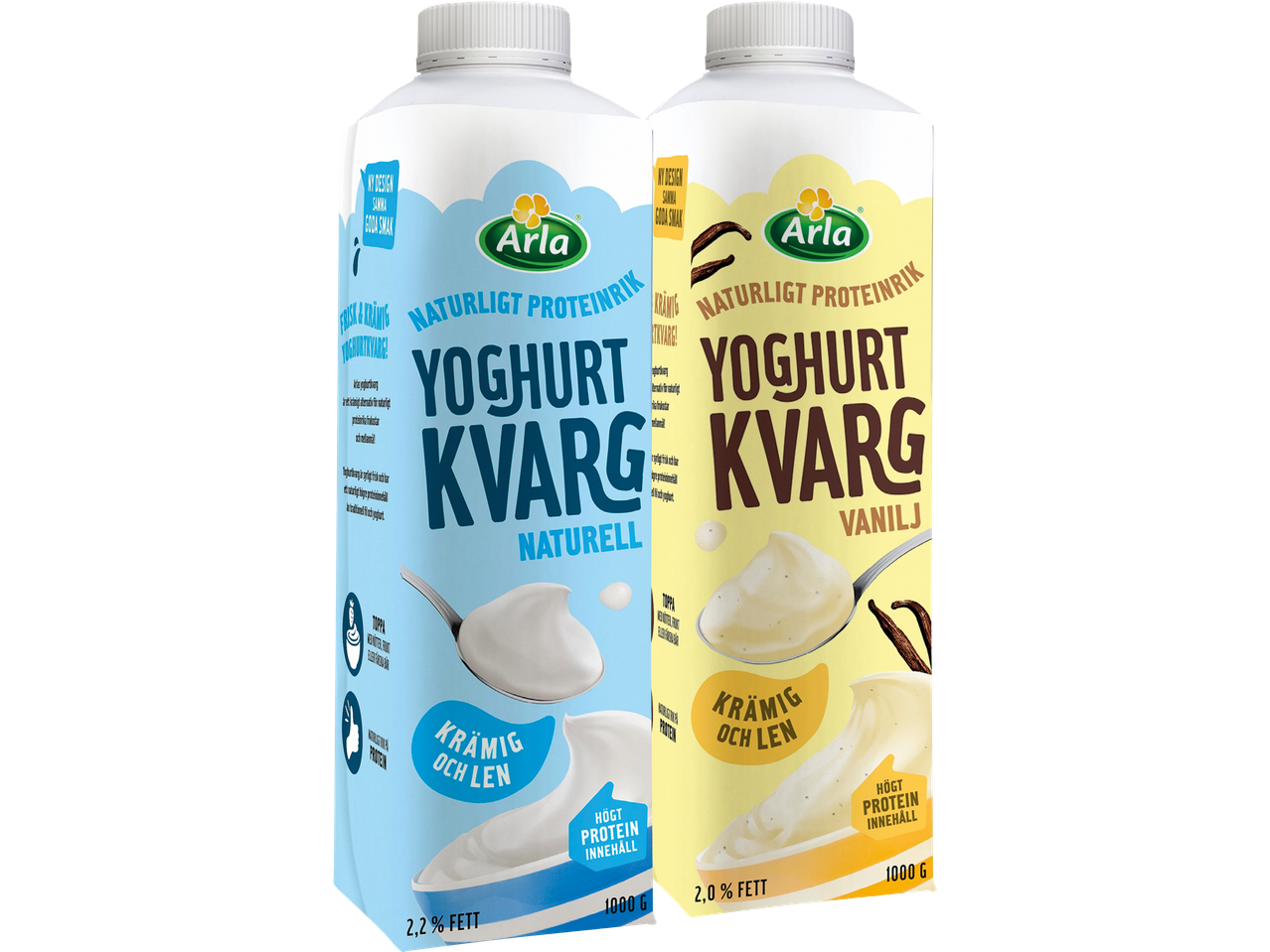 Två Arla yoghurtkvarg förpackningar, en naturell och en vanilj, med högt proteininnehåll.