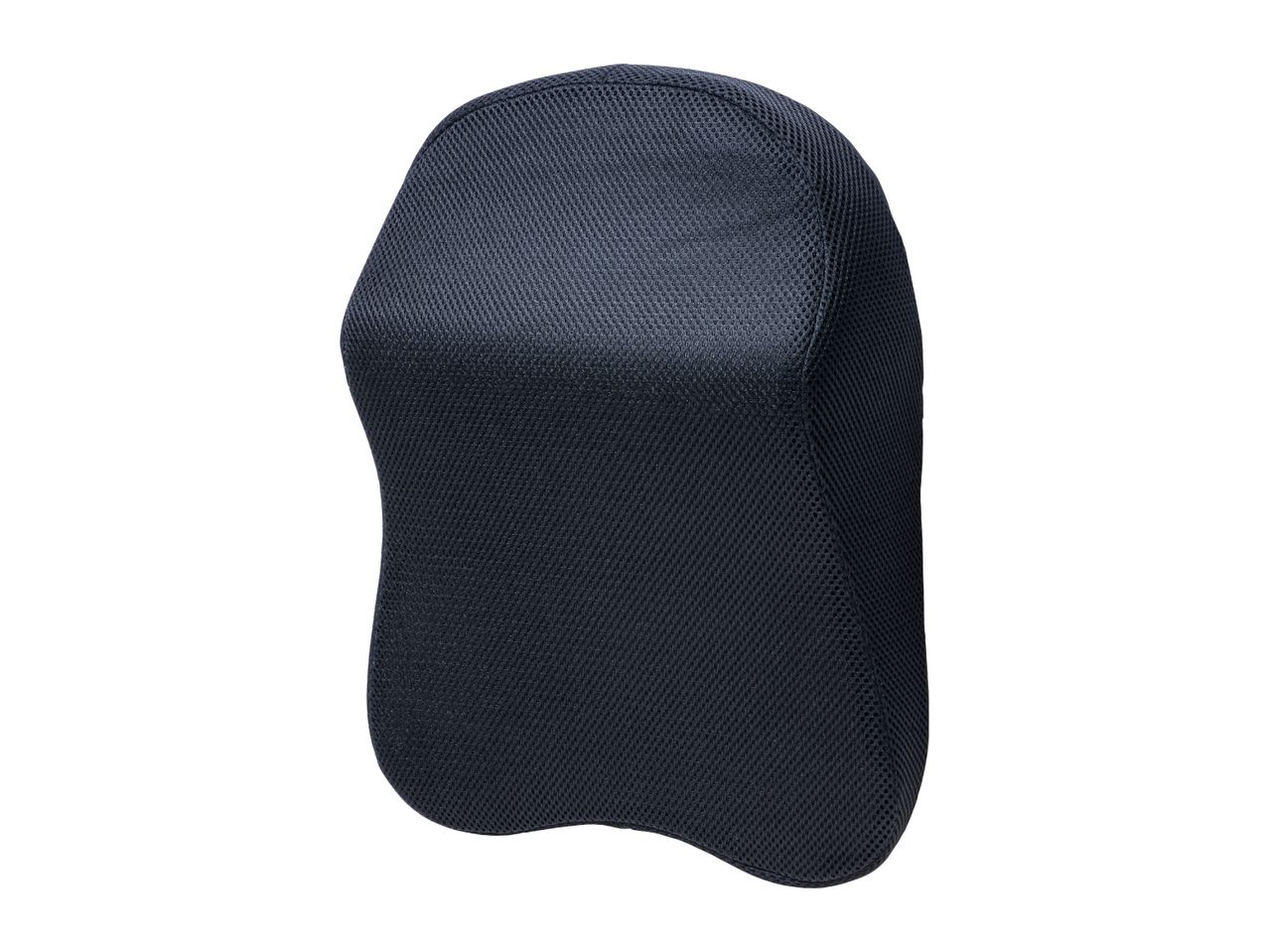Dark blue ergonomic lumbar support cushion with a breathable mesh cover