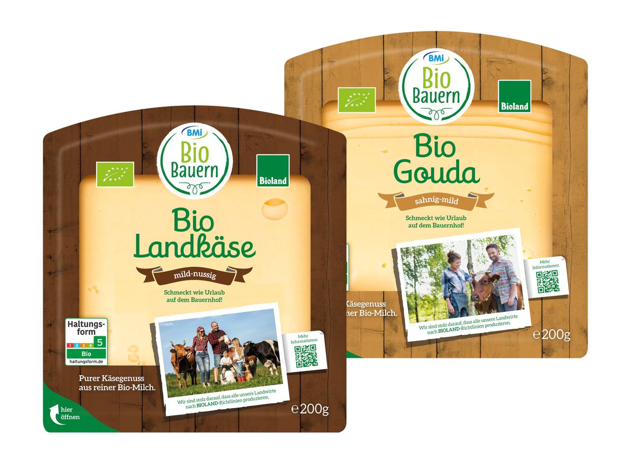 Zwei Bio-Käsepackungen (Bio Gouda und Bio Landkäse) von Bio Bauern, mit Bioland-Siegel.