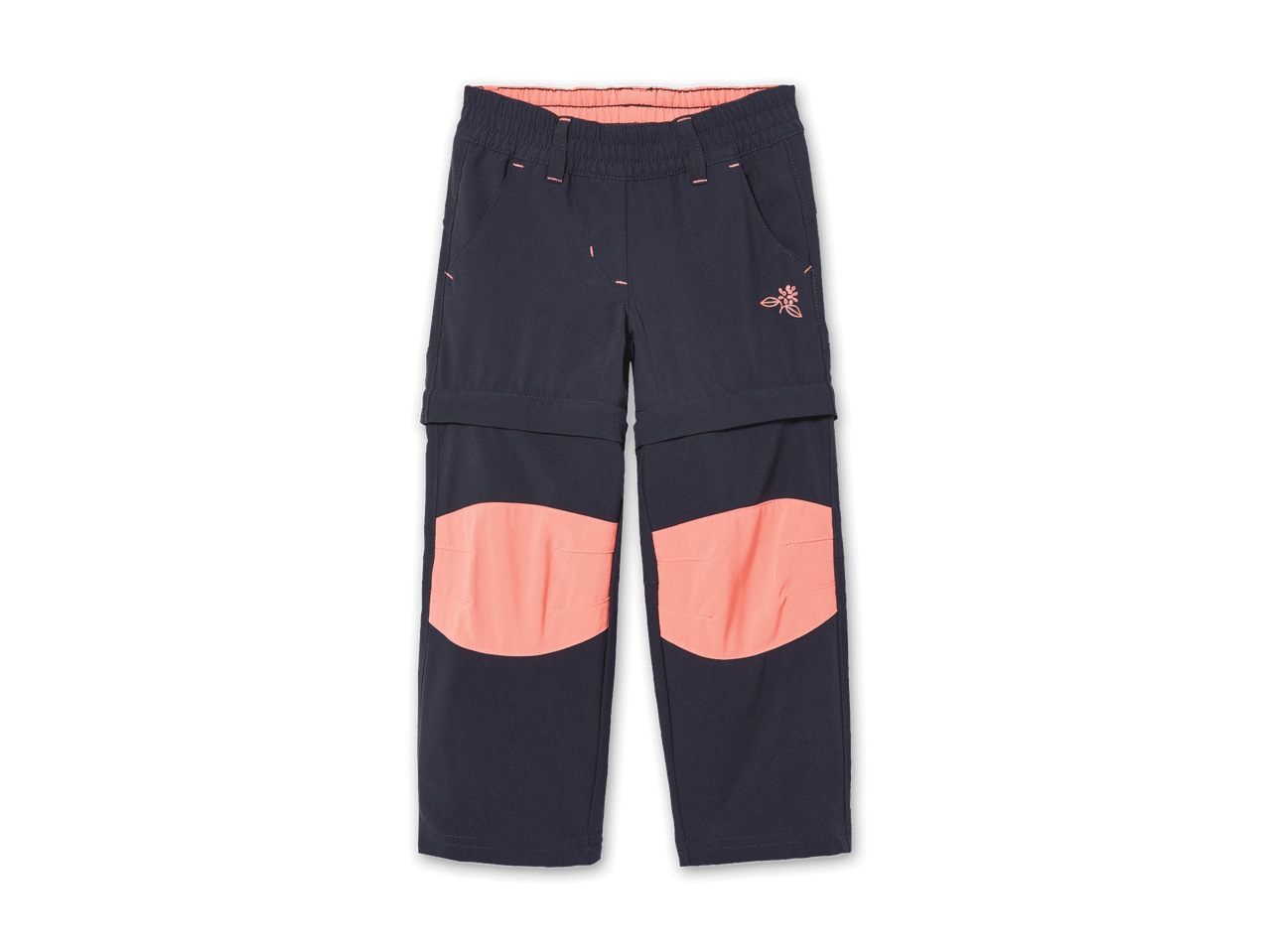Dunkelblaue Kinder-Wanderhose mit abnehmbaren Beinen und orangefarbenen Knieschonern.