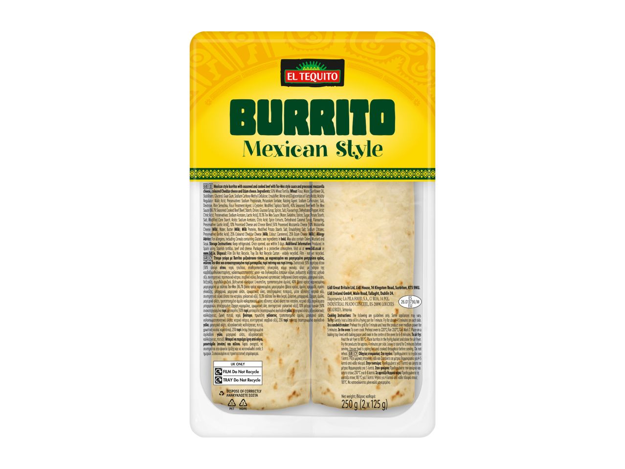 Two Mexican-style burritos with beef and cheese, ready to cook, in a clear plastic tray.