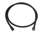 Black flexible shower hose with two threaded connectors, coiled on a white background.