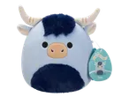 Blue plush bull toy with a fluffy mane and horns, with a tag.