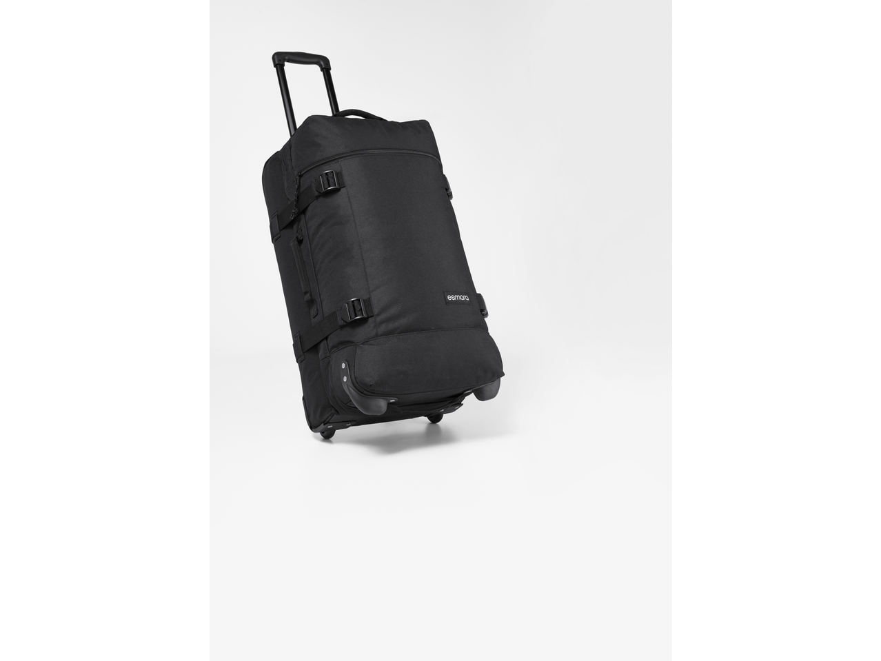 Black wheeled travel bag with an extendable handle, shown at an angle on a white background.