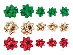 Green, gold, and red gift bows in various sizes.