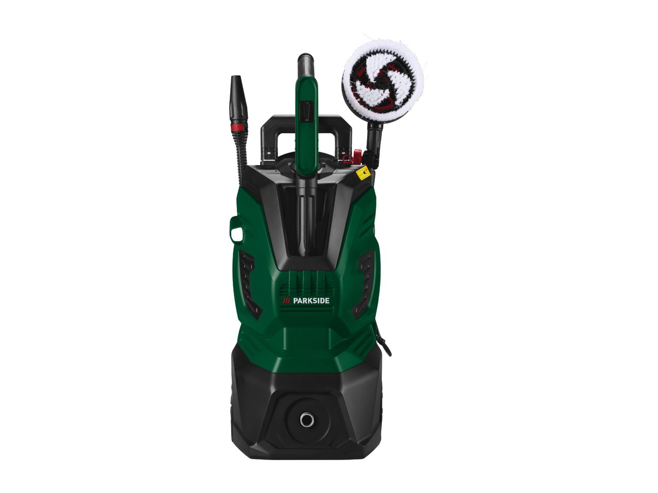 A green and black pressure washer with a rotating brush attachment and a spray gun.