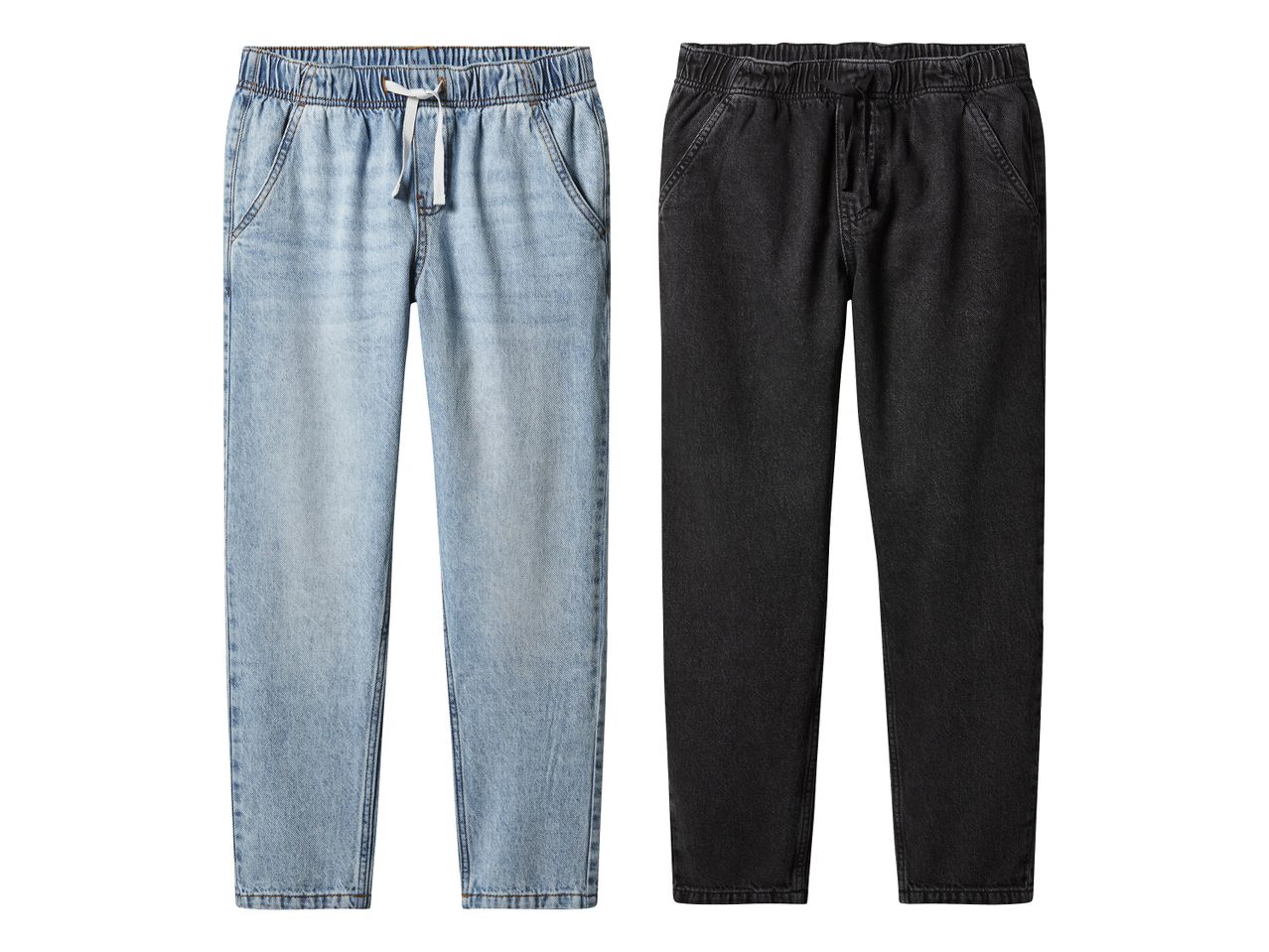 Dva para hlač z elastičnim pasom: svetlo modre jeans in črne.