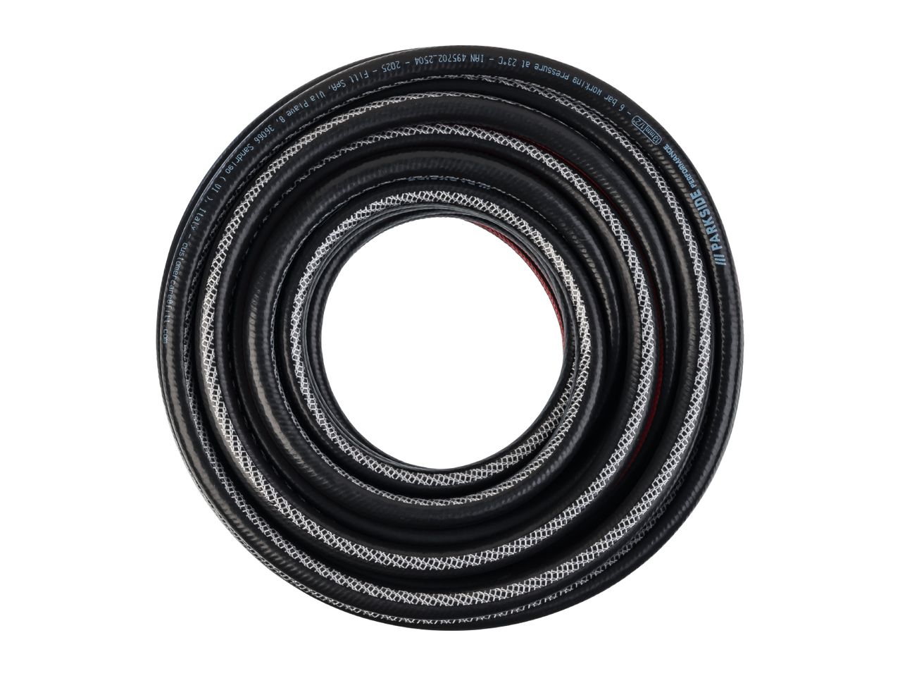 Black garden hose with white reinforcement, coiled, showing specifications like 6 bar working pressure.