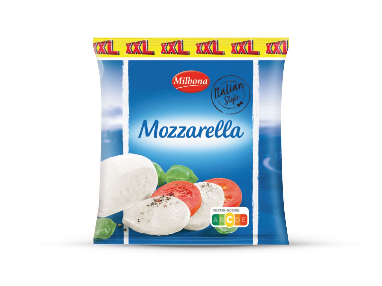 Pakiranje Milbona mozzarelle s natpisom 'XXL' i Nutri-Score oznakom.