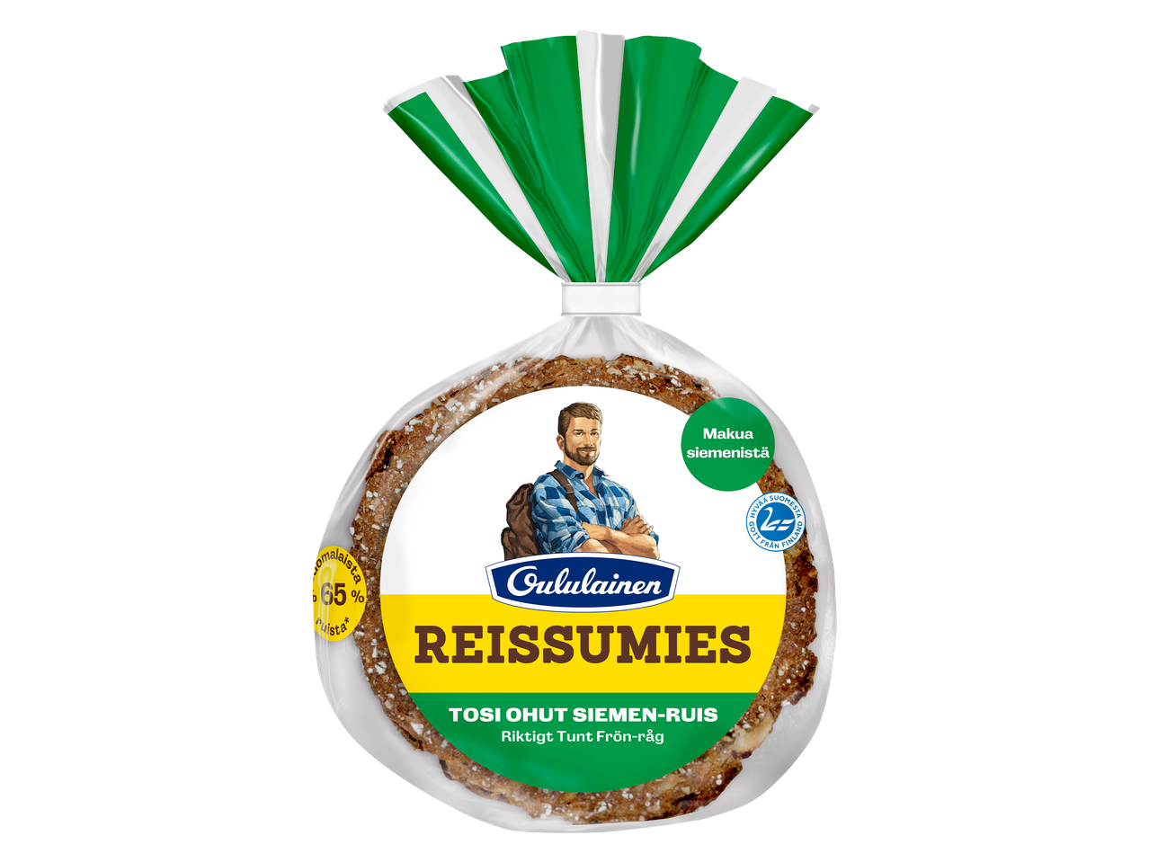 Pakkaus ohutta siemen-ruisleipää, jossa on kuva miehestä ja tekstiä.