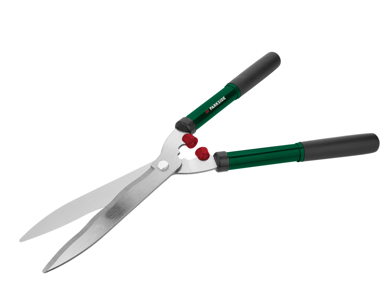 Hedge shears with green handles and black grips, featuring red shock absorbers.