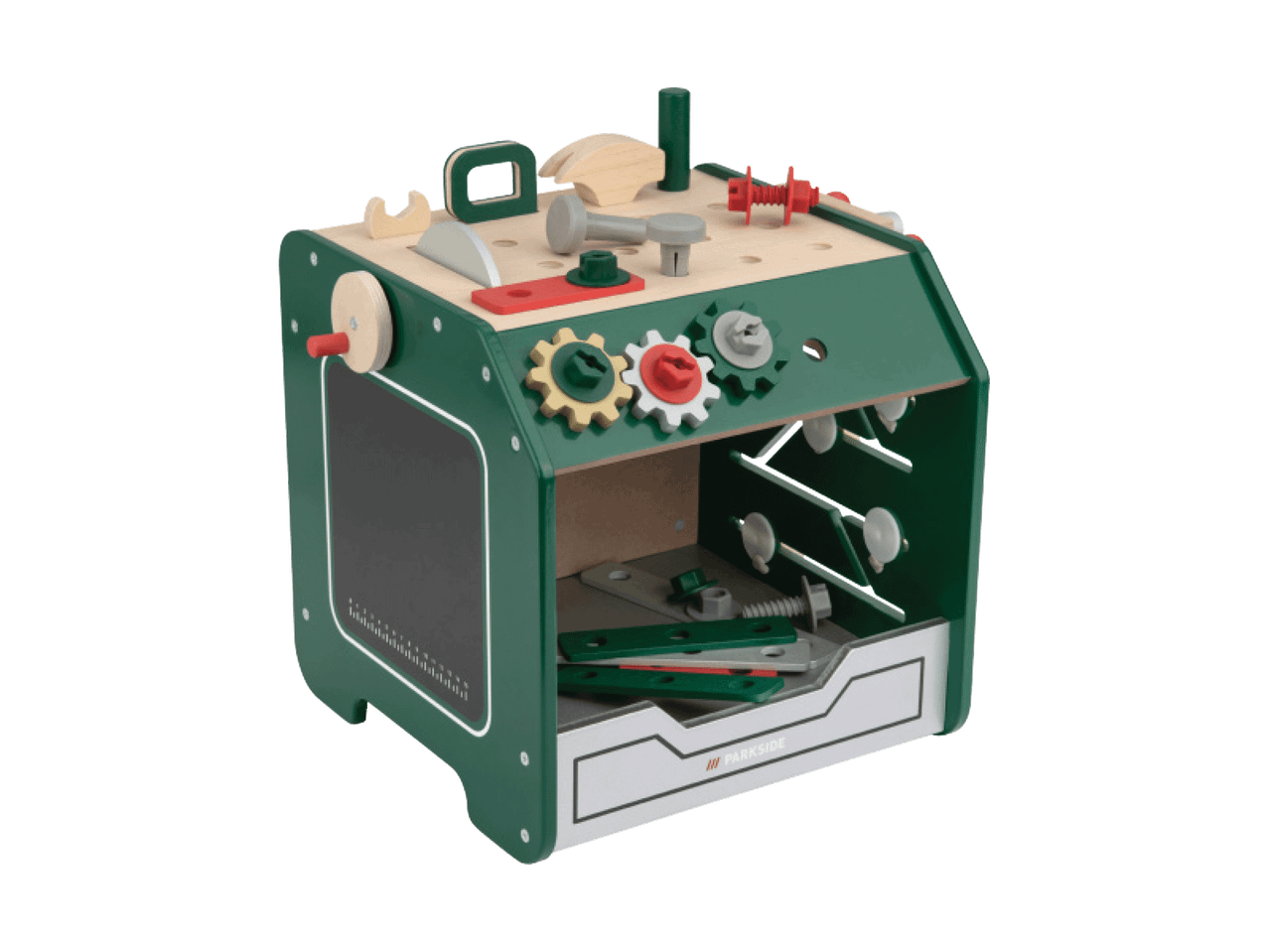 Žalias medinis žaislinis darbastalis su įrankiais ir „Parkside“ prekės ženklu.