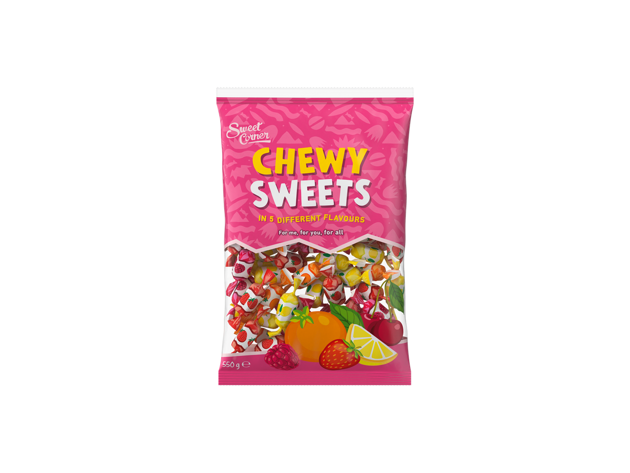 Bonbons à mâcher Sweet Corner en 5 saveurs de fruits différentes, 550g.