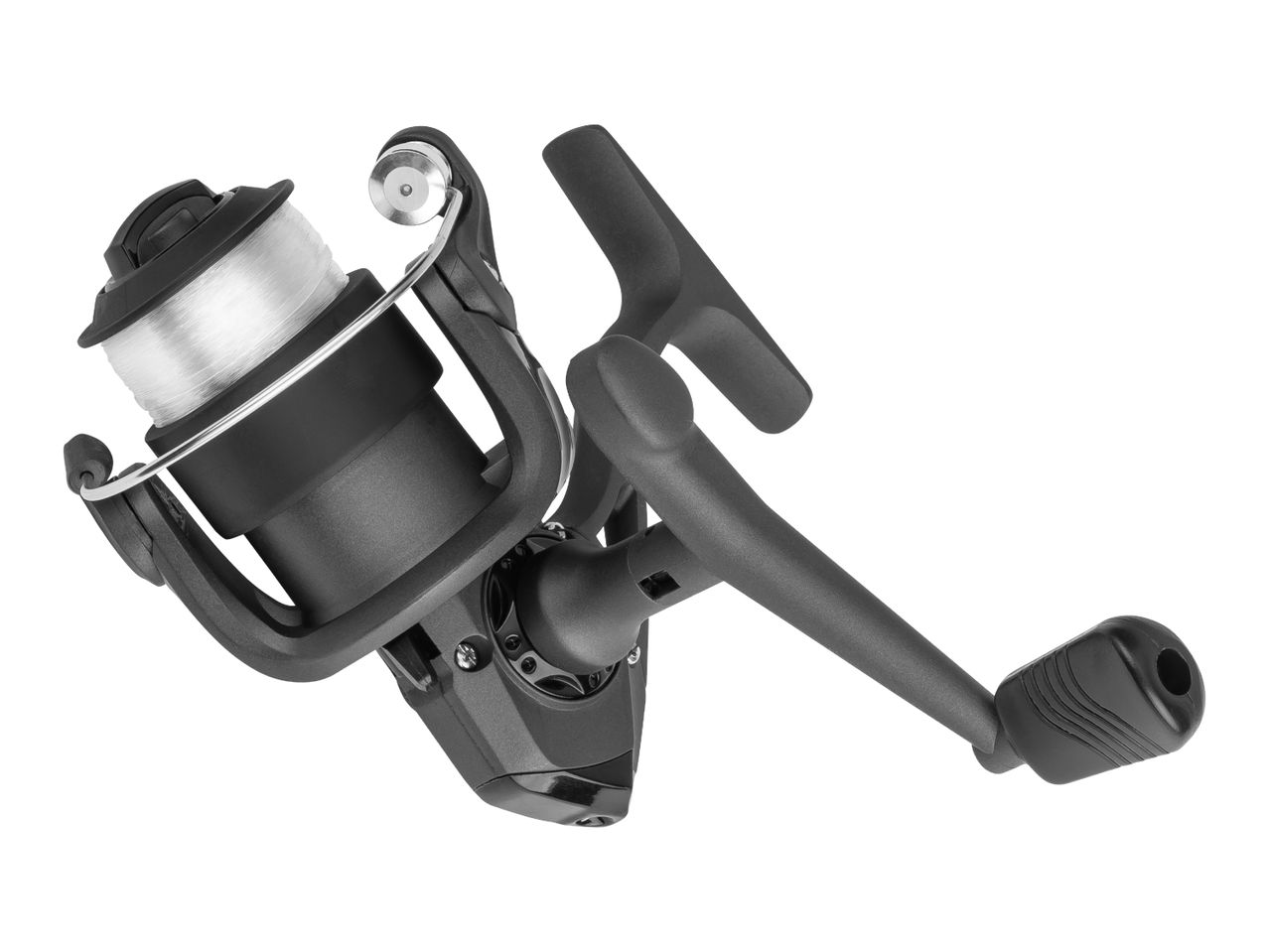 Black fishing reel with white line, angled view
