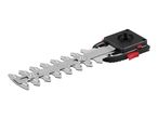 Hedge trimmer attachment with metal blades and black housing.