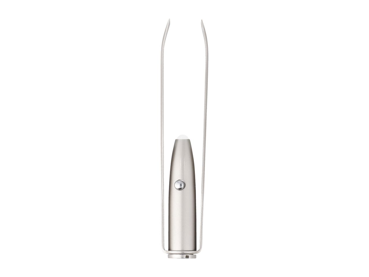 Illuminated tweezers with slanted tips for precise hair removal.