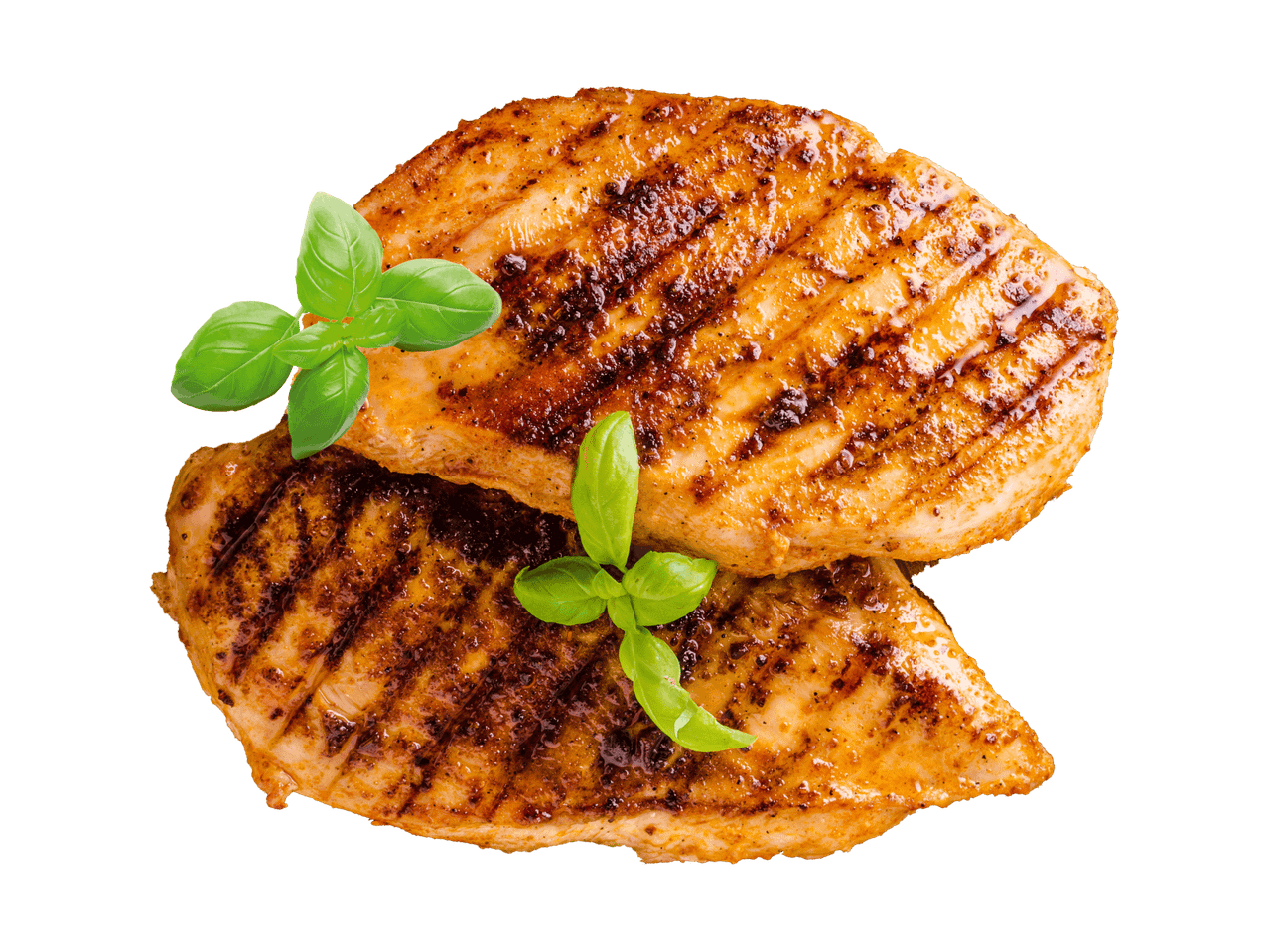 Zwei gegrillte Hähnchenbrustfilets mit Basilikumblättern auf schwarzem Hintergrund.