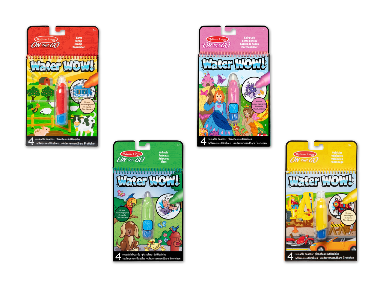 Vier verschiedene Melissa & Doug Mal-Sets mit Tier- und Fahrzeugmotiven.