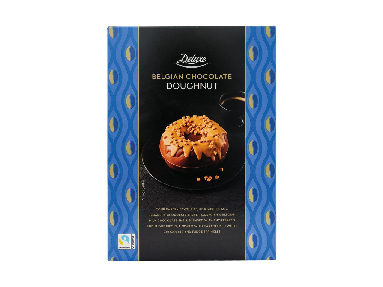 Belgian chocolate doughnut box with a chocolate doughnut and coffee on the front.