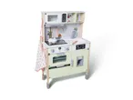 Wooden play kitchen with microwave, oven, sink, and refrigerator, featuring an apron with fruit patterns.