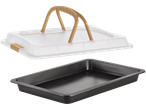 Zenker cake container with a clear lid and a dark baking pan.