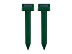 Two green solar-powered pest repellers with pointed stakes.