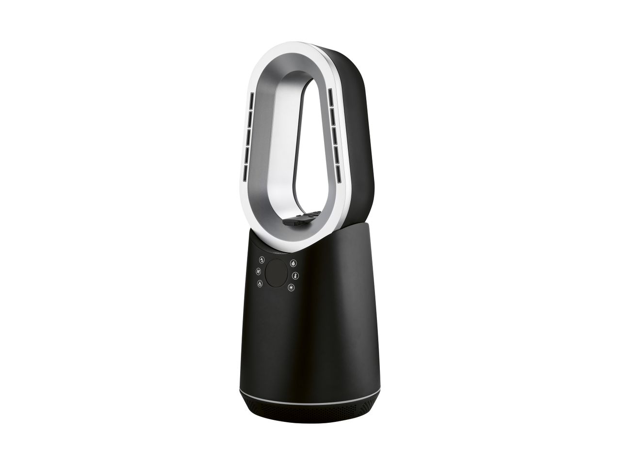 Black and silver bladeless fan with control panel