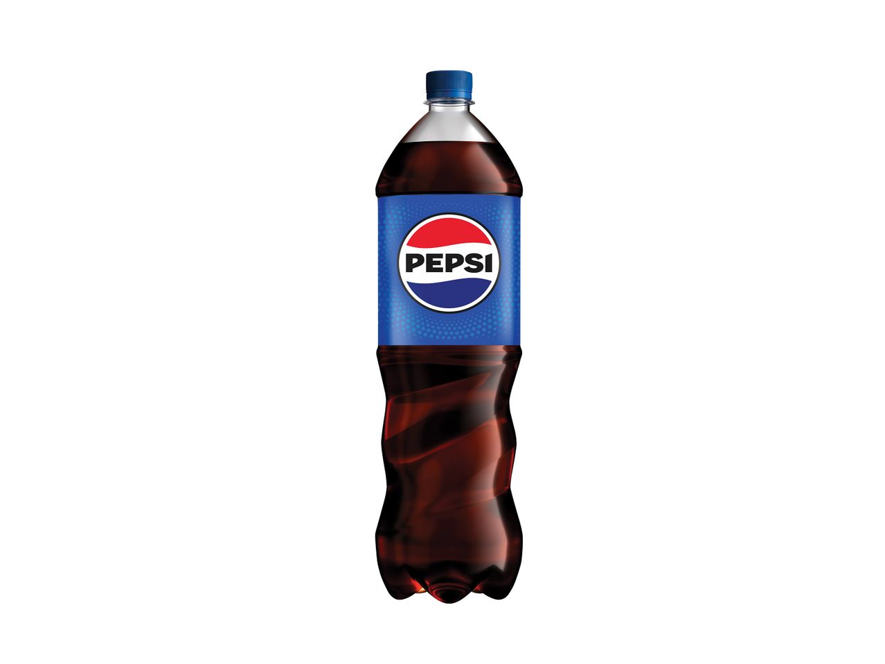 Μπουκάλι Pepsi με μπλε ετικέτα και κόκκινο, λευκό και μπλε λογότυπο.