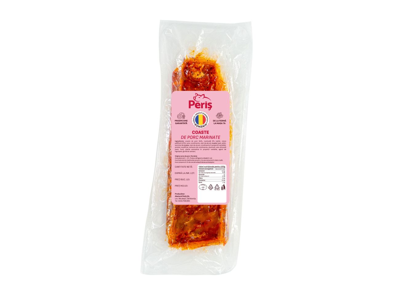 Coaste de porc marinate, ambalate în vid, cu informații nutriționale și detalii despre producător.