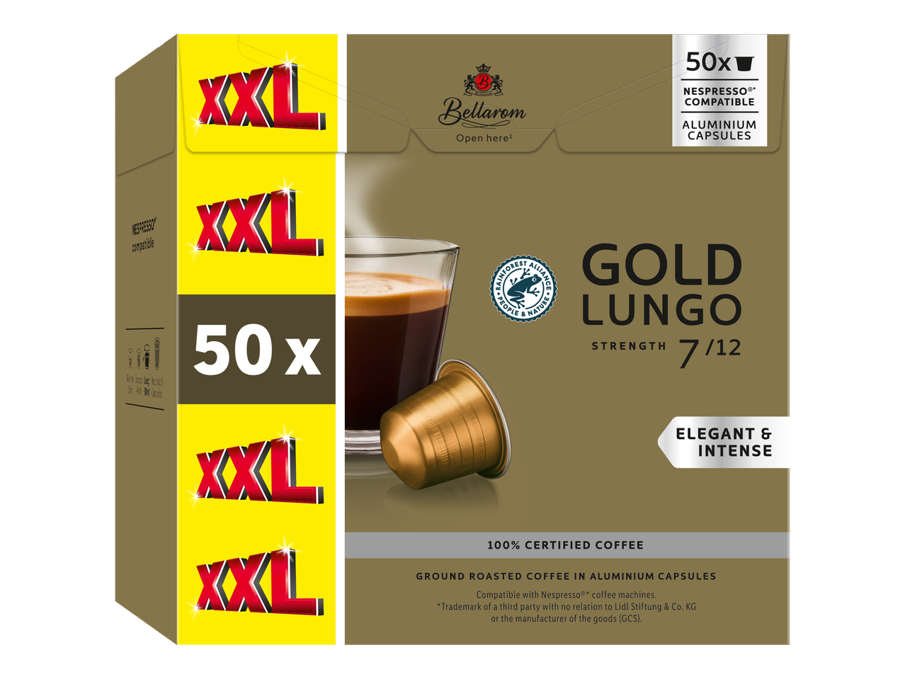 Cápsulas de café Bellarom Gold Lungo XXL (50 unidades), compatíveis com máquinas Nespresso.