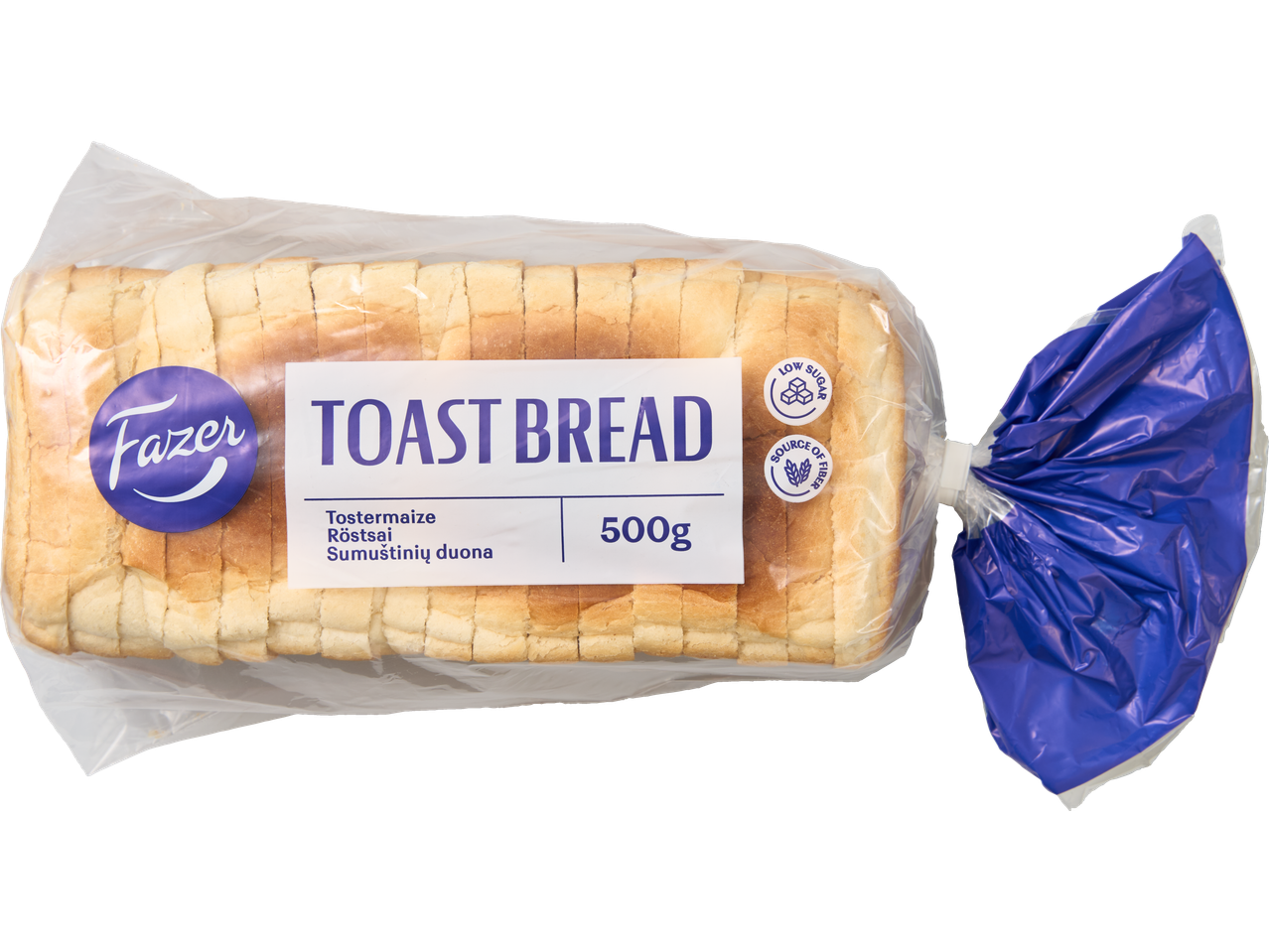 Fazer Tostermaize viilutatud röstsai, 500g pakend, märgistusega madala suhkrusisalduse ja kiudainete allika kohta.