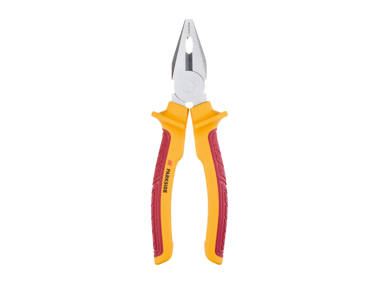 A pair of combination pliers with yellow and red insulated handles.