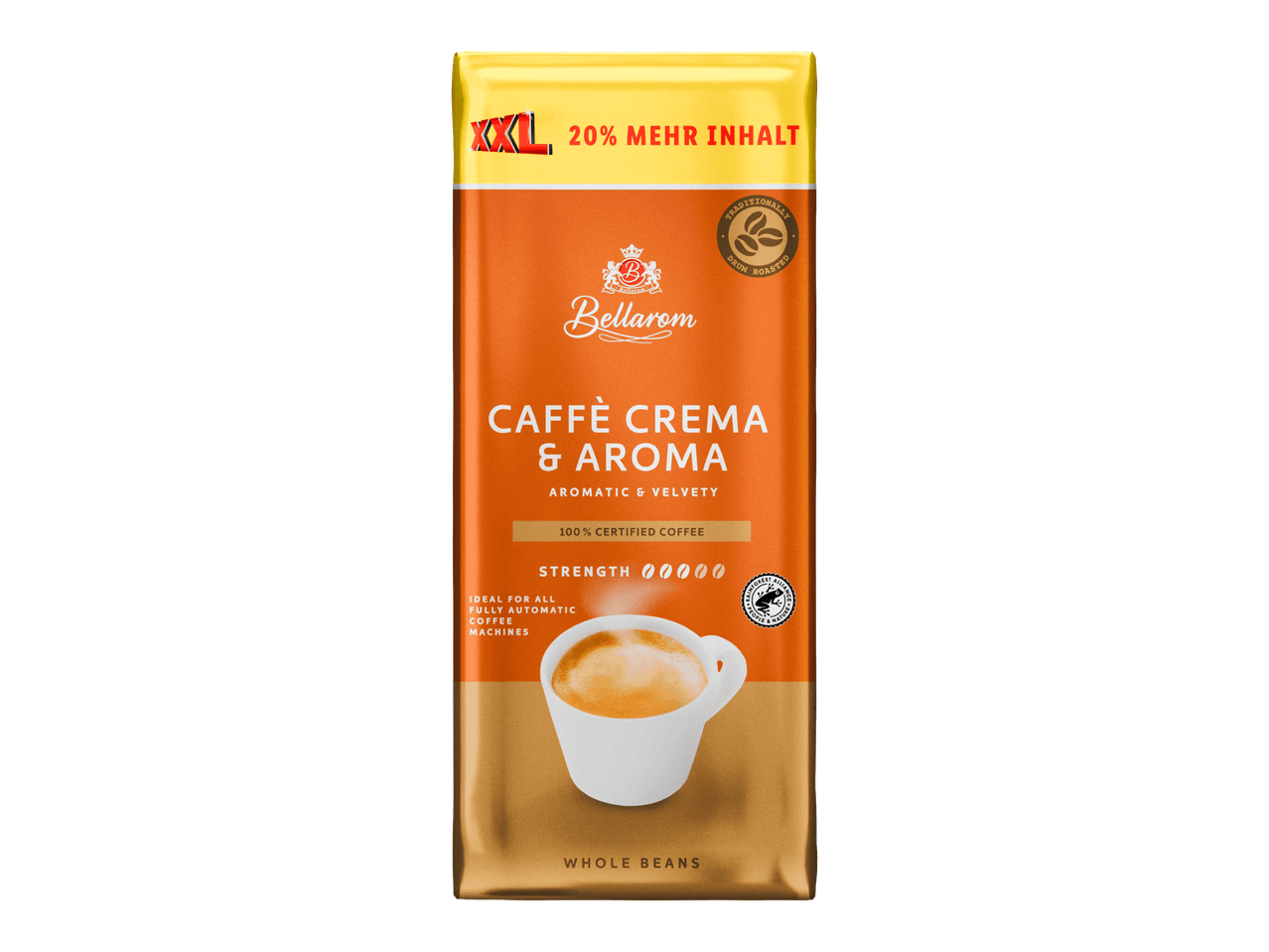 Bellaron Caffè Crema & Aroma -paahdettuja kahvipapuja, 20% enemmän sisältöä.