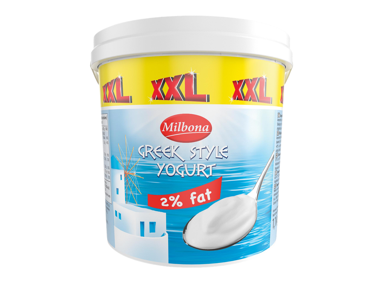 XXL méretű görög joghurt 2% zsírtartalommal, kanállal és görög tájjal a címkén.