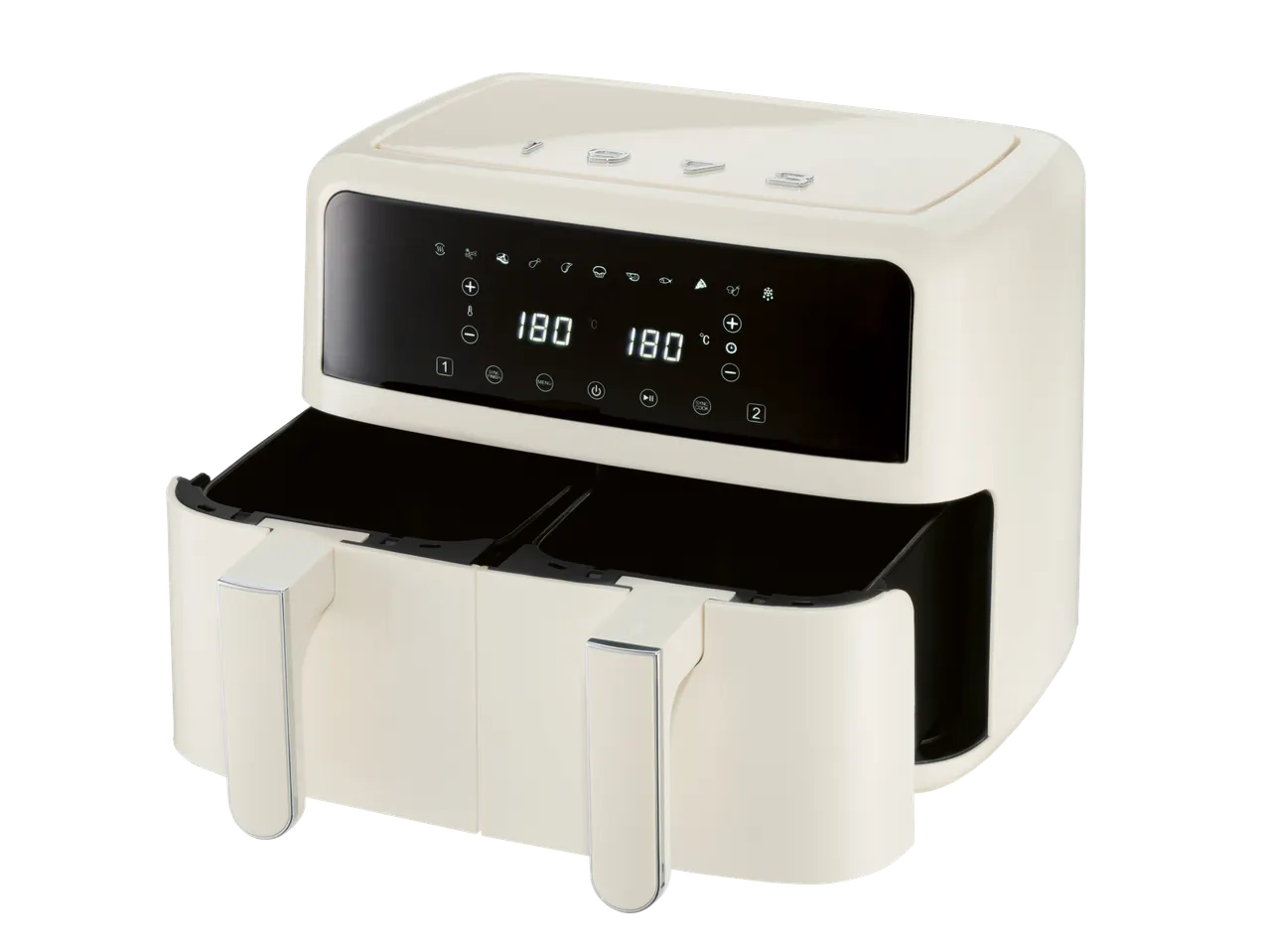 SILVERCREST® 2600W Dual Basket Air Fryer with digital display showing 180 degrees Celsius