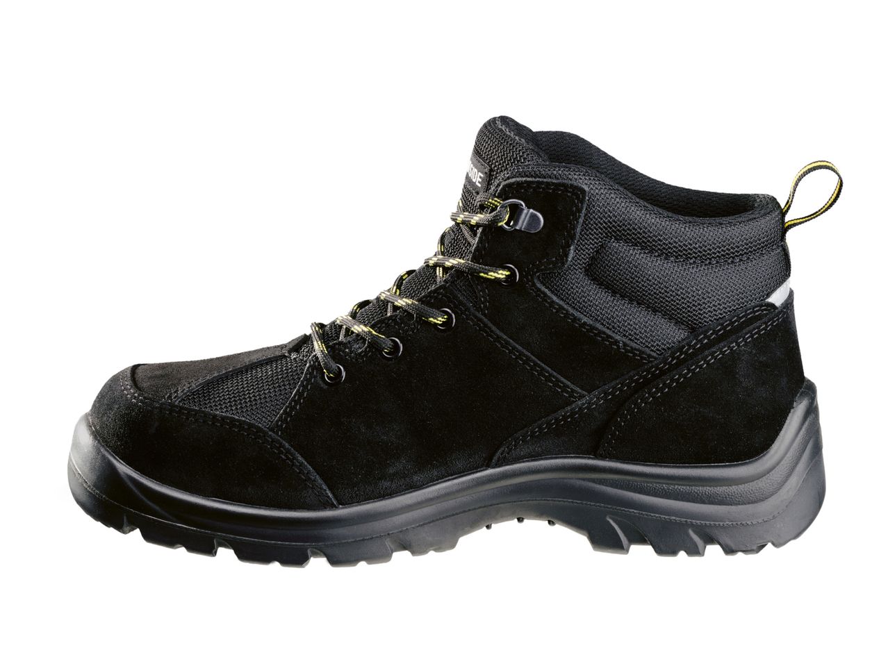 Black suede work boots with laces.