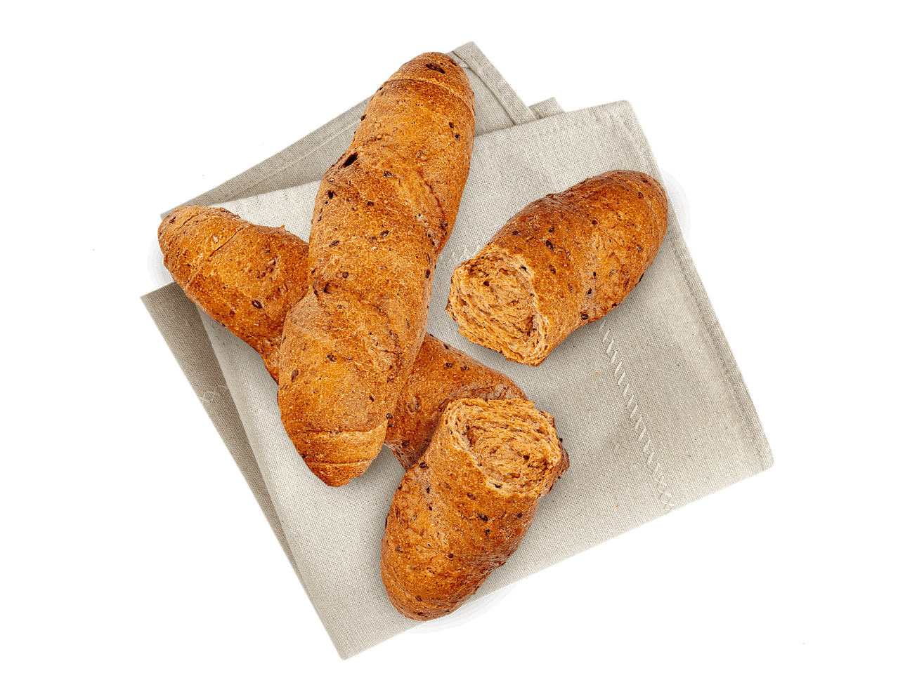 Drei herzhafte Brötchen auf Pergamentpapier.