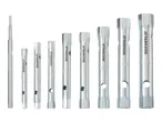 A set of eight silver-colored tubular box wrenches of various sizes, from 6x7 to 20x22, with a separate metal rod.