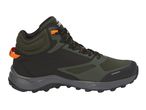 A pair of Quechua hiking boots in olive green and black.
