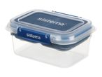 Clear plastic food storage container with a blue lid and locking clips