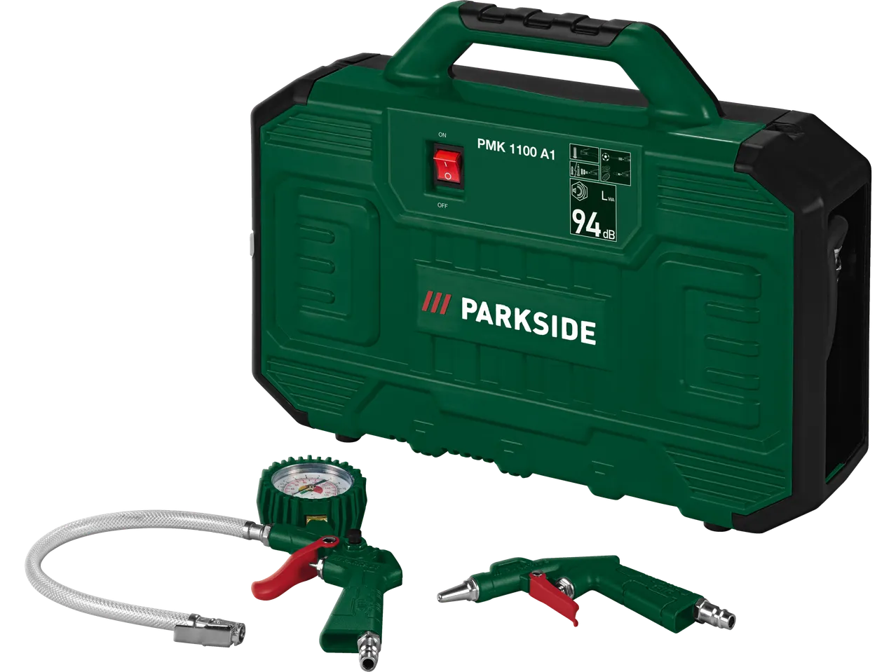 Parkside® PMK 1100 A1 kompresorius su manometru ir pūtimo pistoletu.