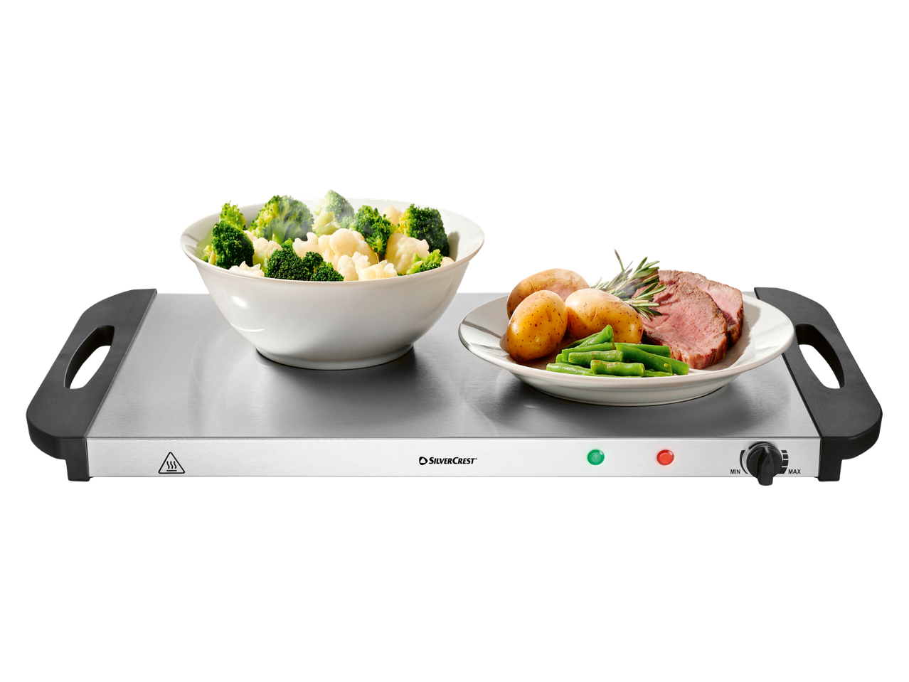 Silvercrest Warmhalteplatte mit Brokkoli, Blumenkohl, Kartoffeln, Fleisch und grünen Bohnen.