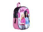 Pink children's backpack with two dolls and a logo on the front.