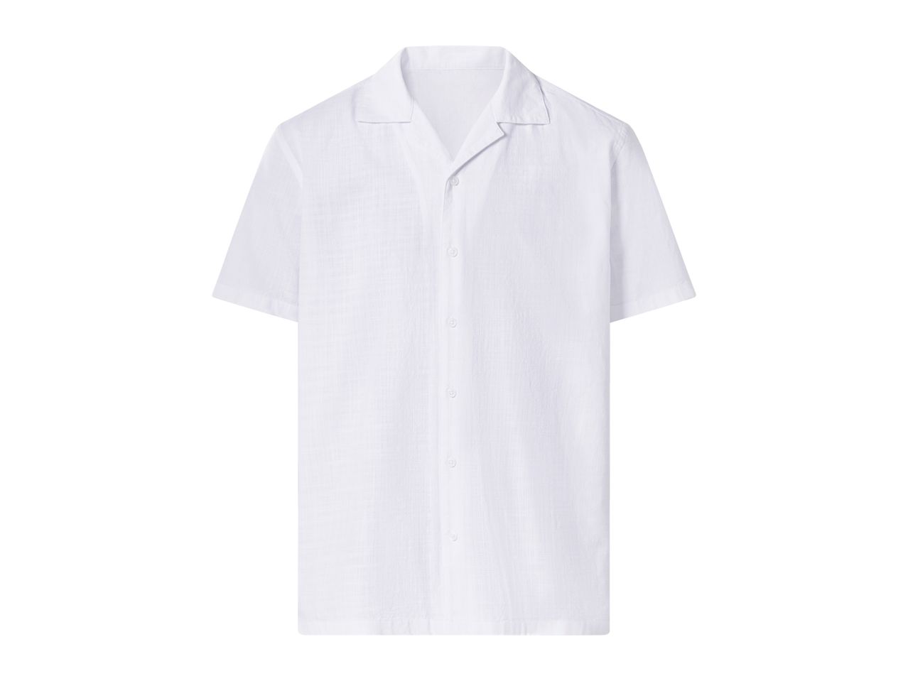White short-sleeved button-up shirt with a camp collar.