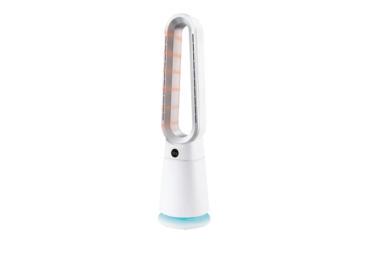 Termoventilatore bianco senza pale con display digitale e luce blu alla base