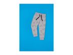 Grey children's sweatpants with dinosaur print and dark blue drawstring on a blue background.