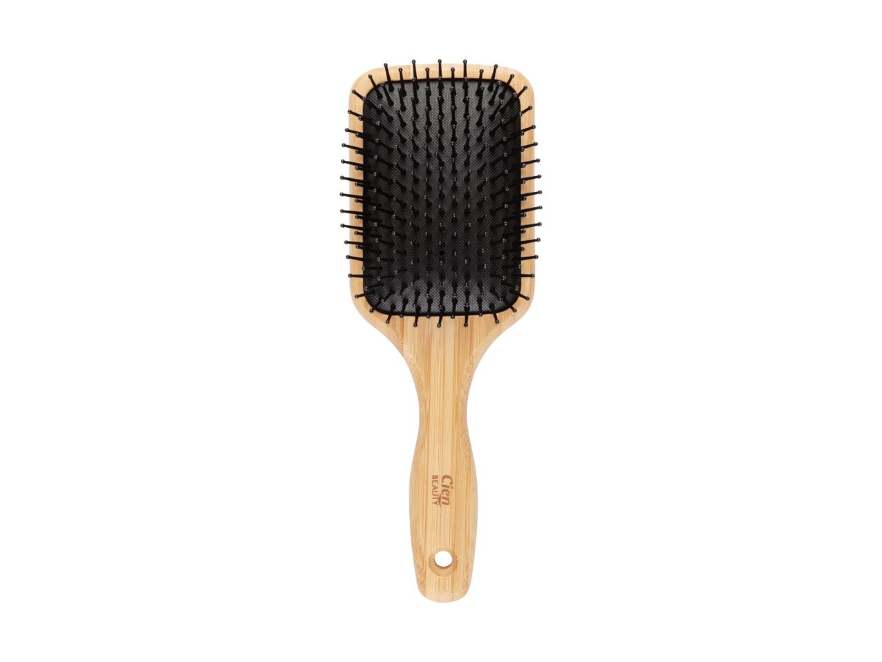 A wooden paddle hairbrush with black bristles and a Cien Beauty logo on the handle.