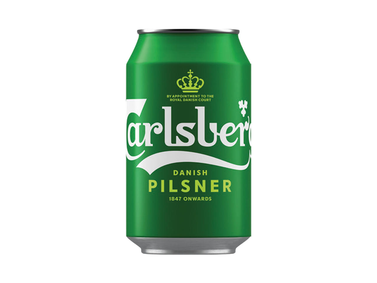 Zelena limenka piva sa belim natpisom „Carlsberg“ i krunom, sa tekstom „Danish Pilsner“.